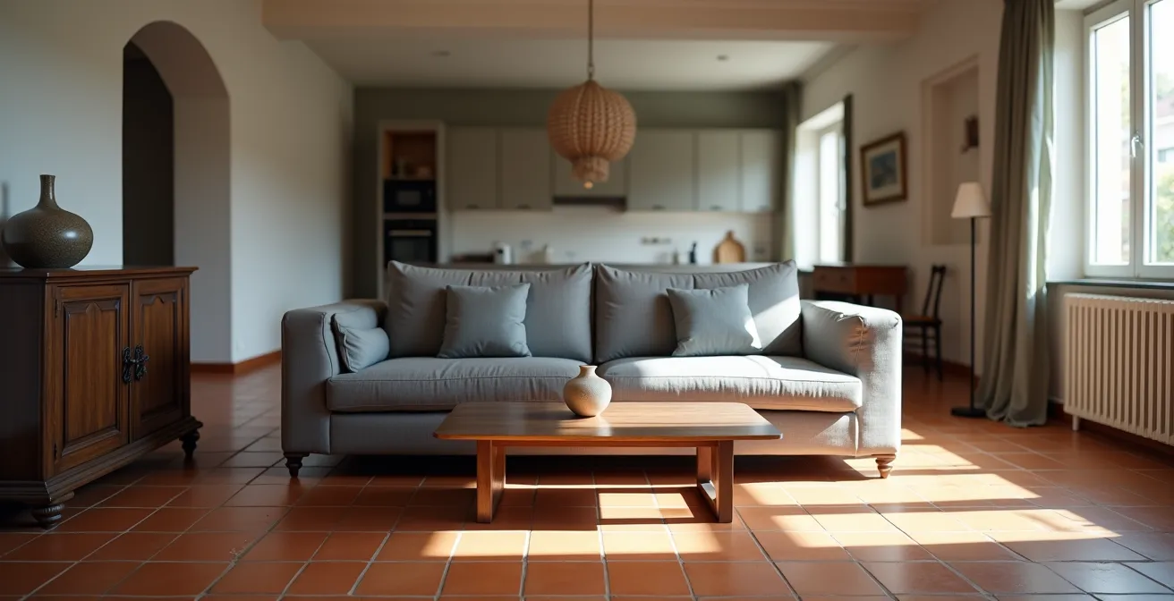 Open space con divano modulare che divide cucina e salotto, madia antica come console