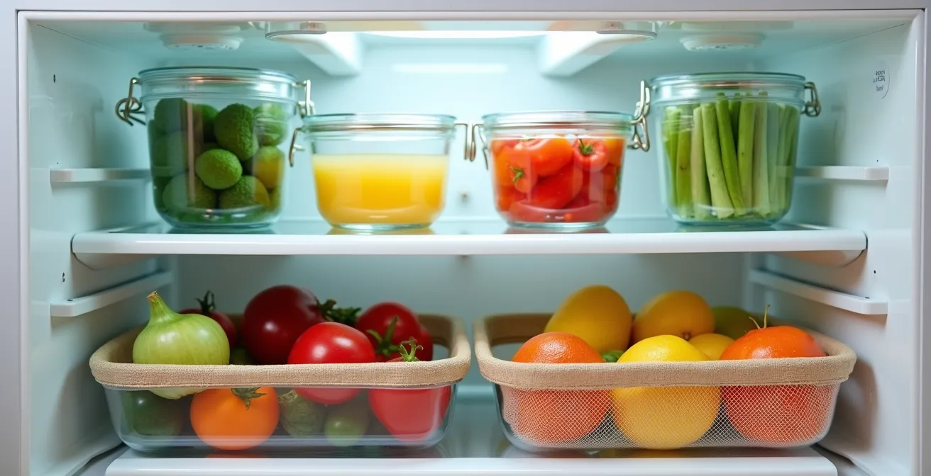 Vista interna di un frigorifero ben organizzato con verdure fresche conservate correttamente
