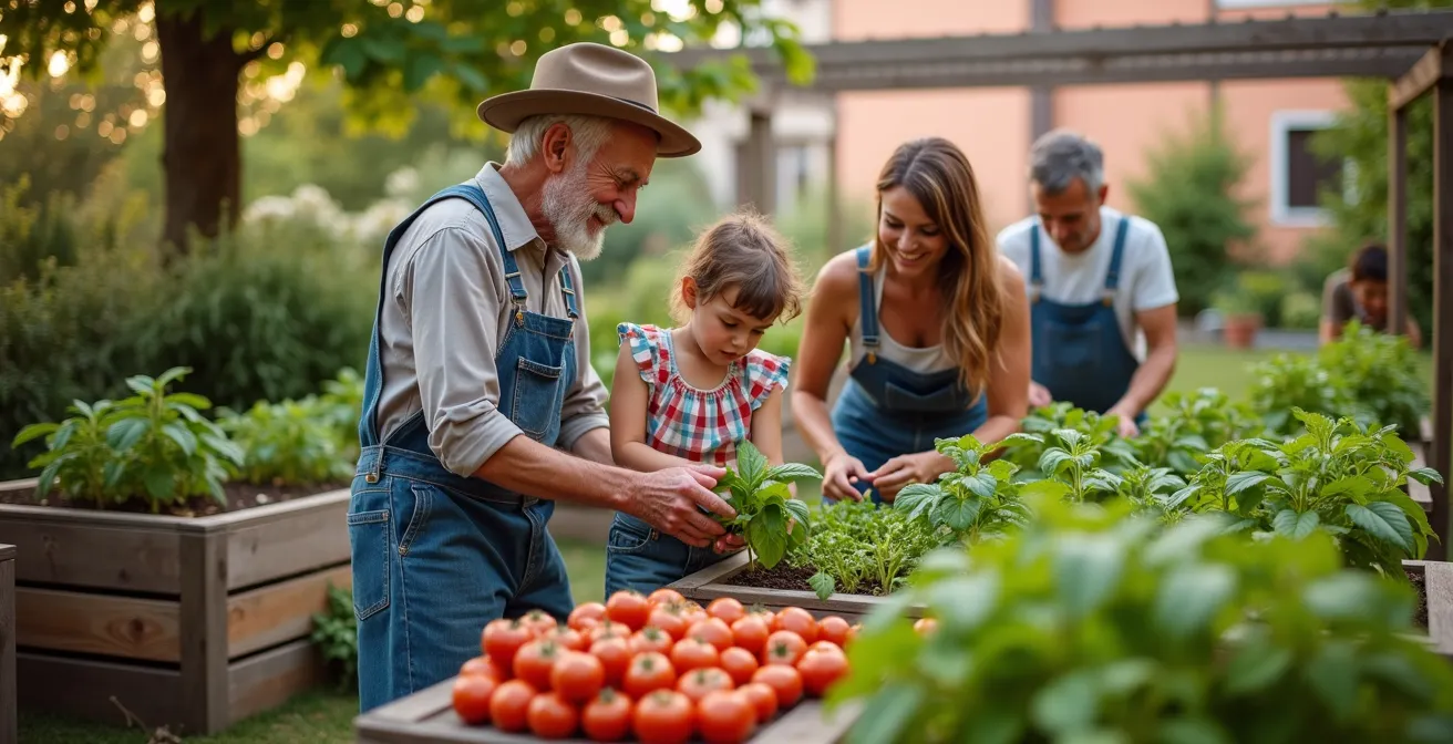 Gruppo diversificato di residenti che coltivano insieme verdure in un orto urbano con cassette di legno rialzate