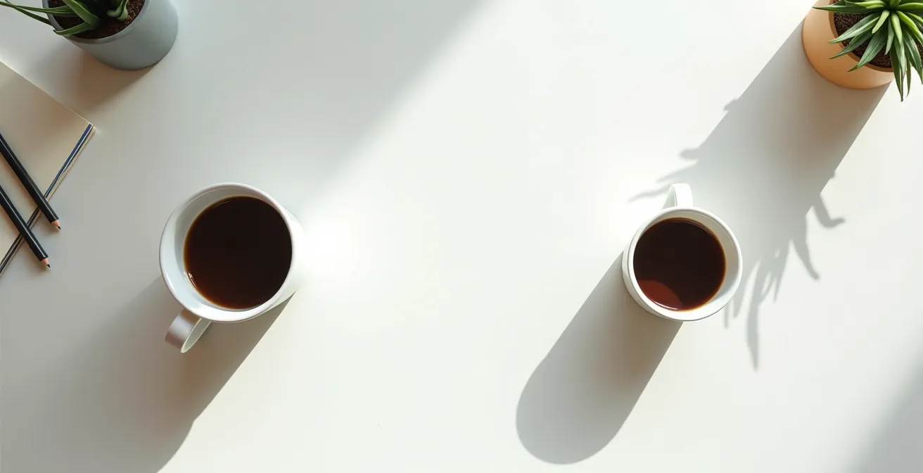 Scrivania con quaderni di appunti e tazza di caffè, ambiente di lavoro ordinato e produttivo