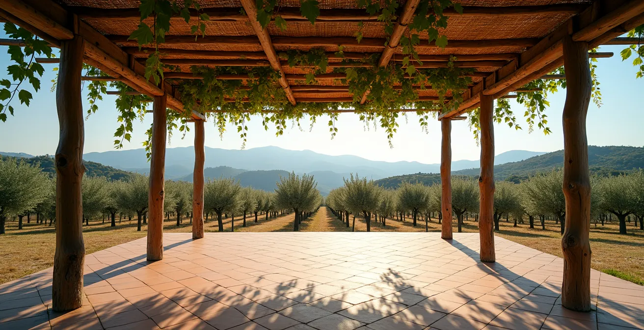 Pergolato tradizionale pugliese con cannicciato e vite rampicante in controluce