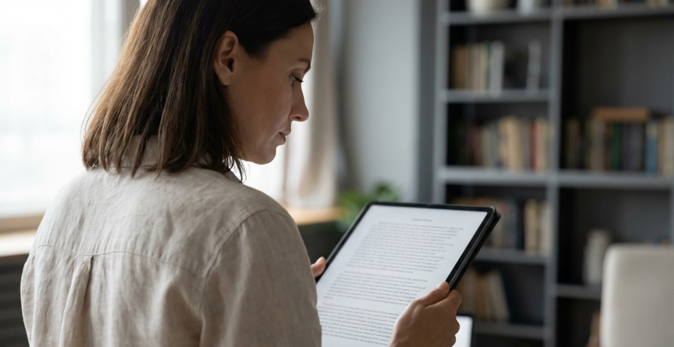 Donna professionista concentrata durante lettura, focus mentale e lucidità cognitiva