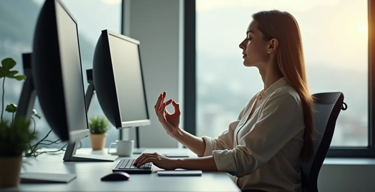 Professionista che pratica respirazione discreta alla scrivania