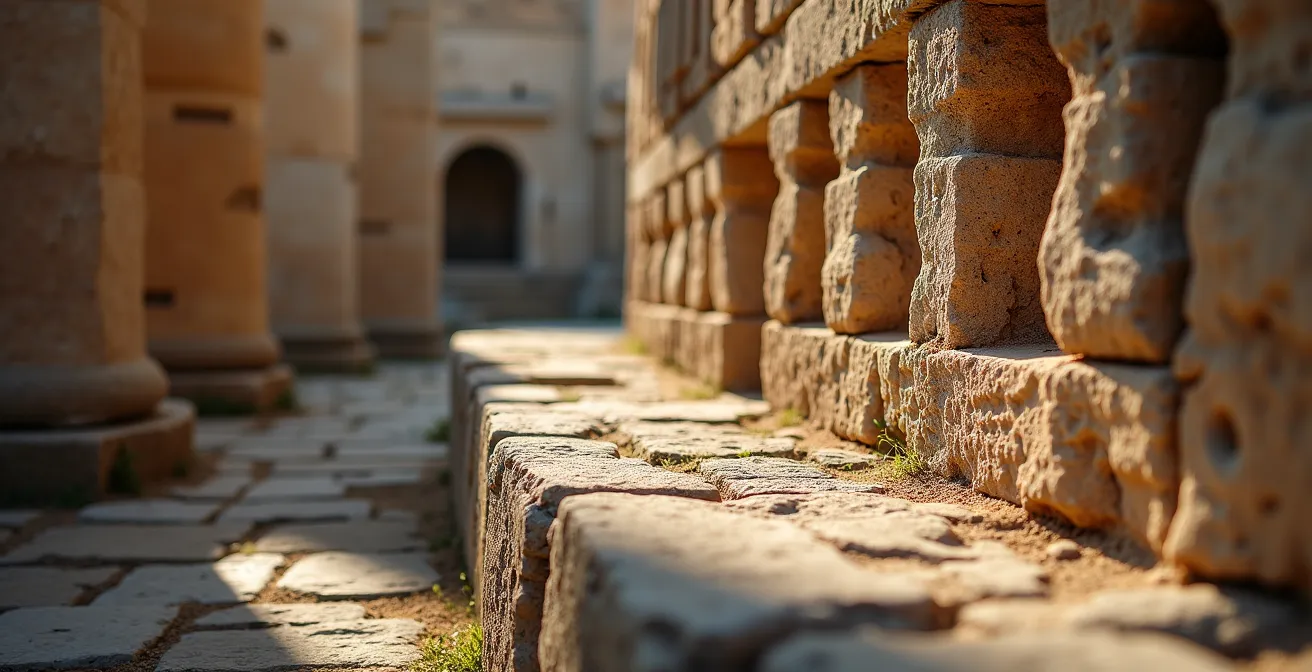 Rovine archeologiche illuminate dalla luce dorata del mattino con texture di pietre antiche