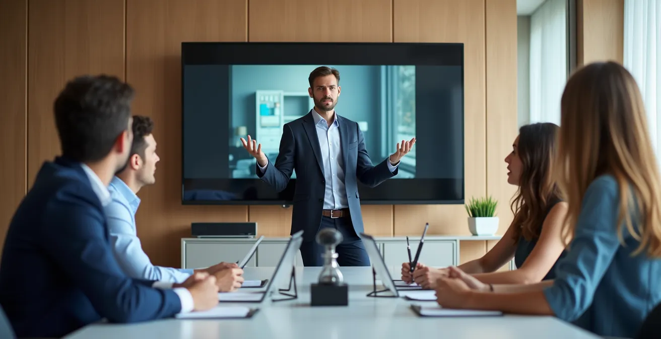 Sala riunioni moderna con configurazione ibrida e sistema audio avanzato