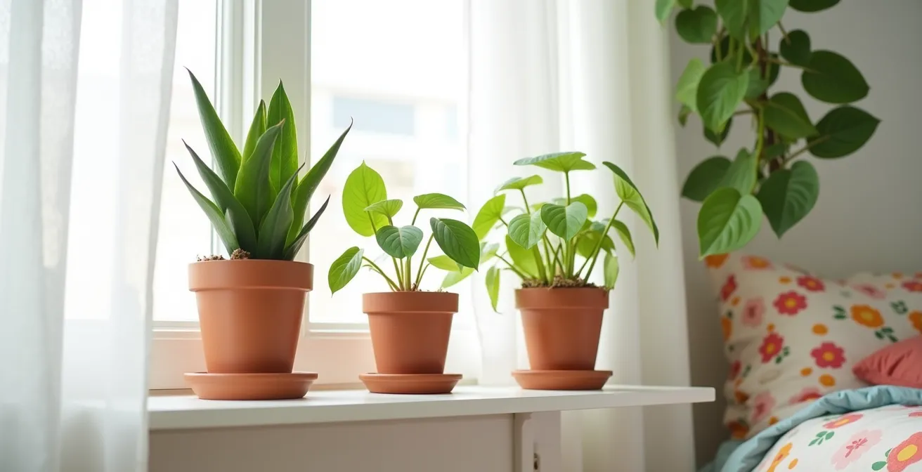 Piante di Sansevieria e Potos in vasi di terracotta in una camera luminosa