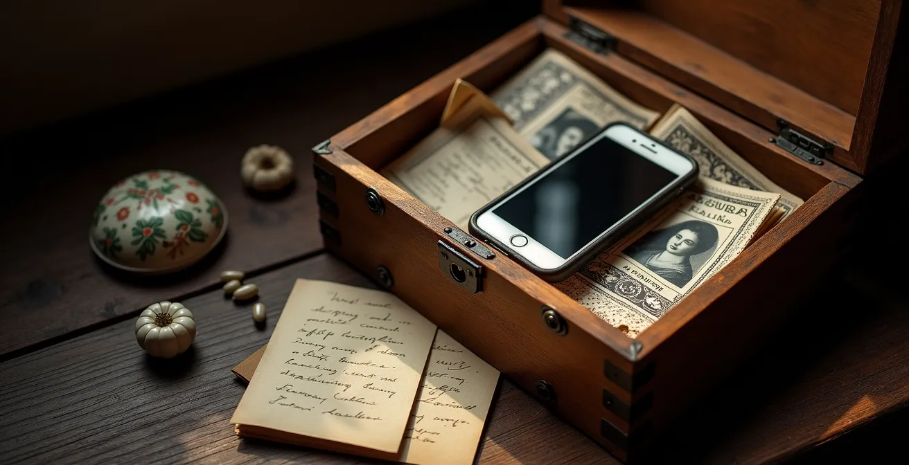 Scatola vintage italiana con hard disk e foto digitali per archivio familiare