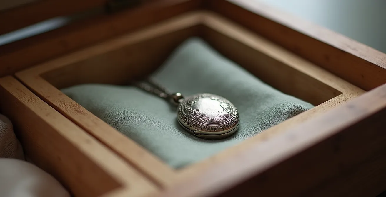 Scatola dei ricordi ben organizzata con pochi oggetti selezionati su superficie in legno