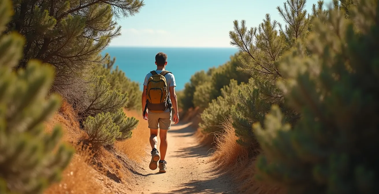 Sentiero tra la macchia mediterranea che conduce a una caletta nascosta