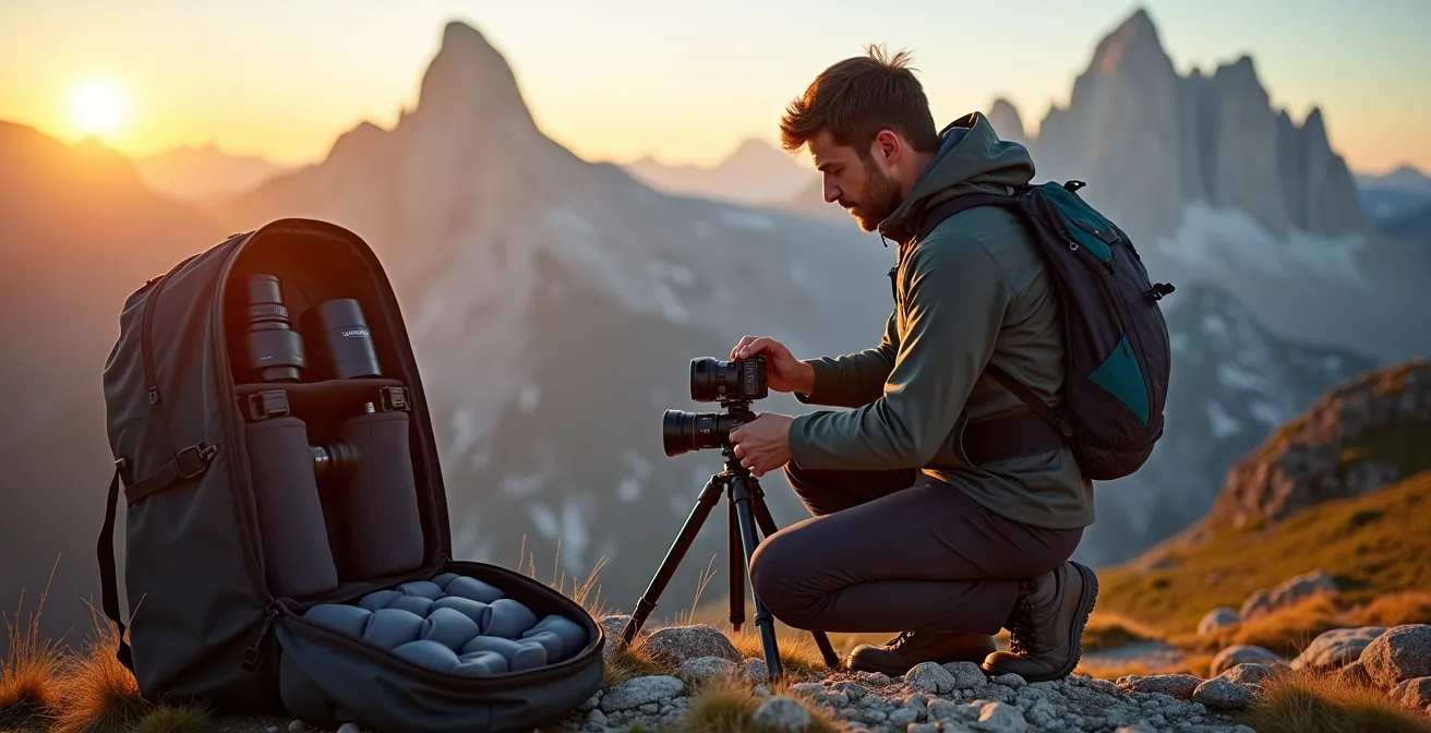 Setup portatile di astrofotografia in zaino da trekking sulle Dolomiti