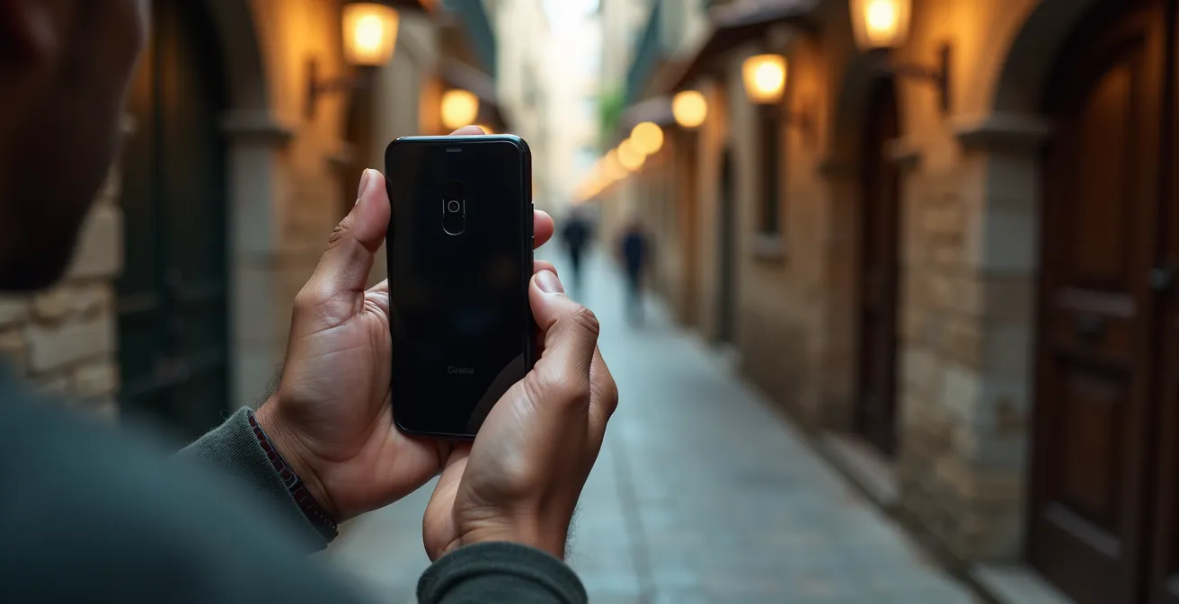 Mano che tiene smartphone con mappa digitale mentre esplora vicoli di borgo umbro