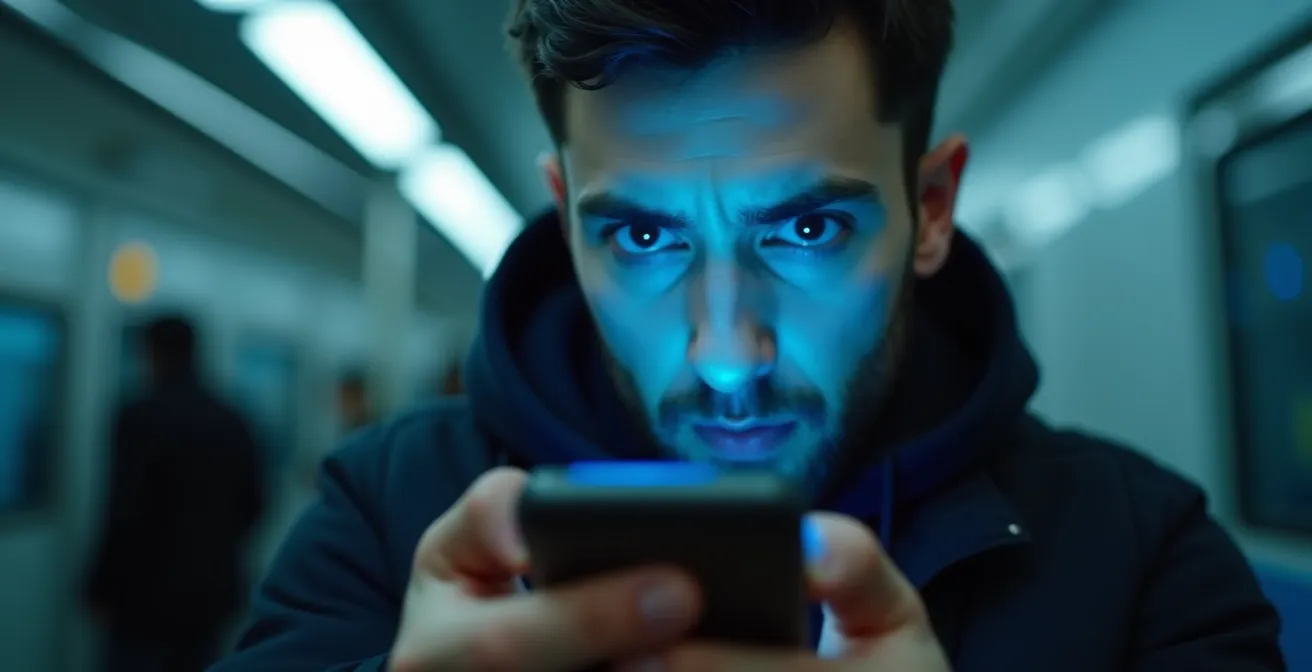 Primo piano di mani che stringono smartphone con riflessi luminosi sul viso