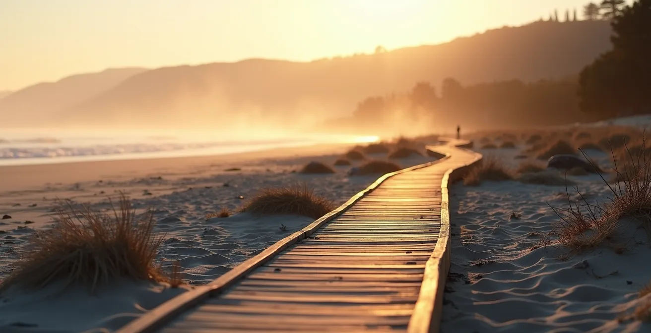 Spiaggia deserta all'alba in inverno con sentiero che porta verso l'entroterra collinare toscano