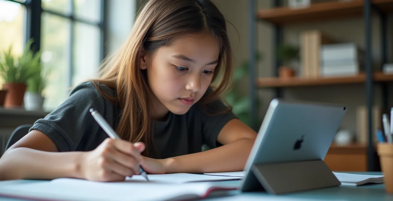 Studente adolescente concentrato su materiali di studio misti tra digitale e cartaceo in ambiente luminoso
