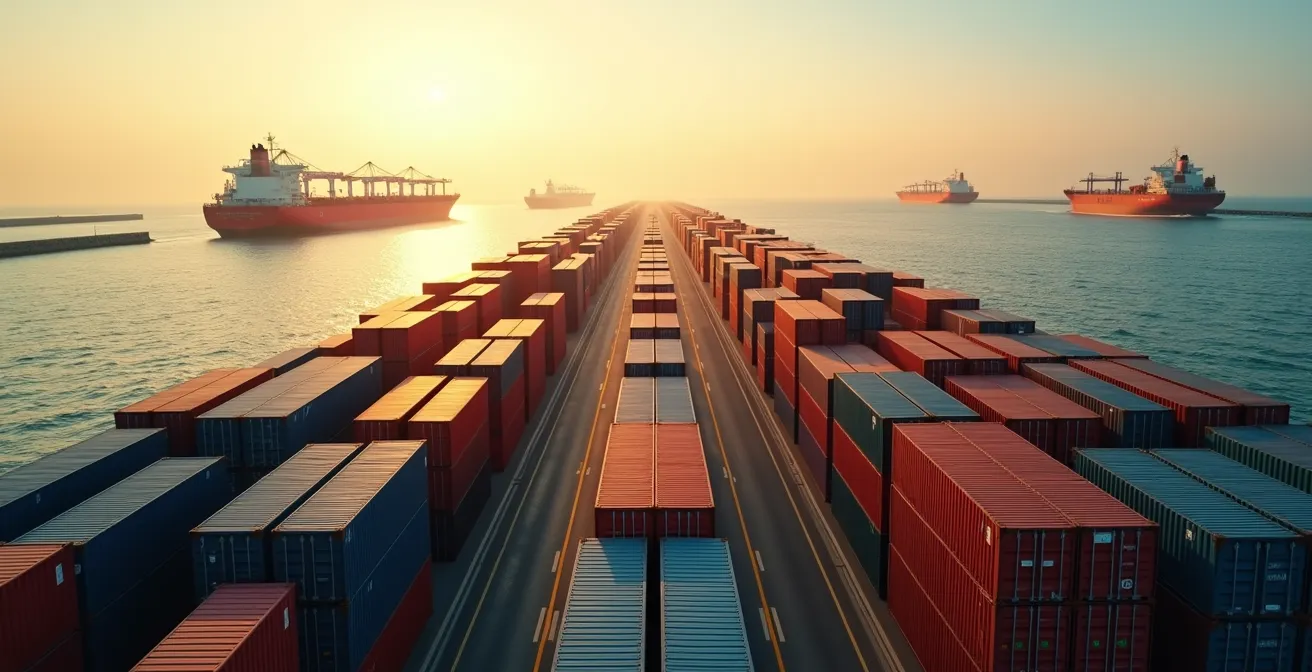 Vista aerea di un porto container italiano con navi cargo all'orizzonte