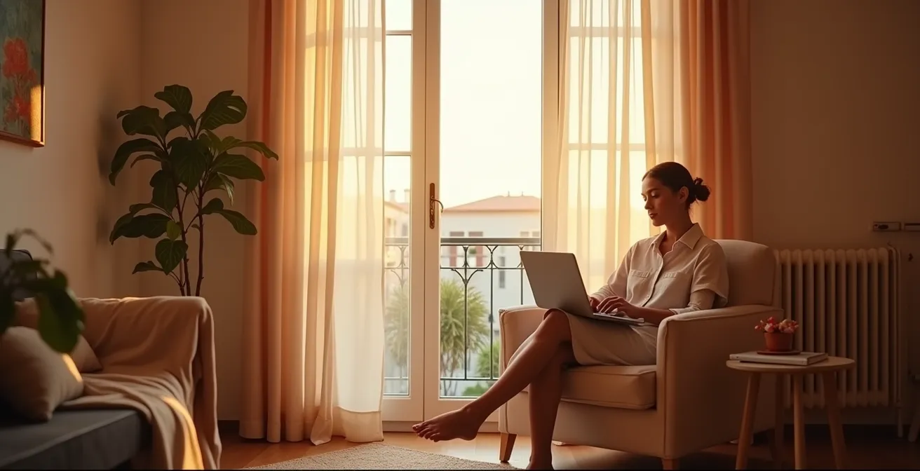 Persona seduta in angolo tranquillo di casa con laptop chiuso, ambiente domestico rilassante