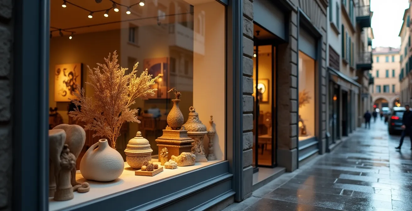 Vetrina elegante di negozio italiano con allestimento che riflette condizioni meteo stagionali