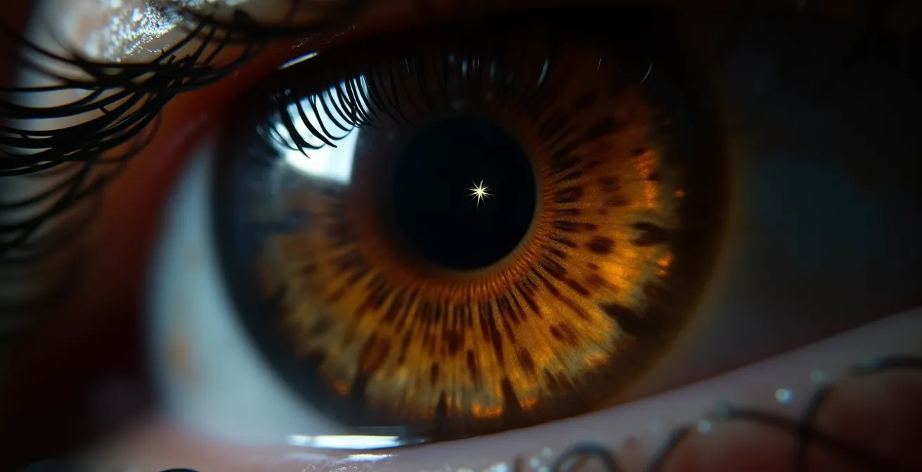 Rappresentazione macro dell'occhio umano durante l'osservazione notturna astronomica