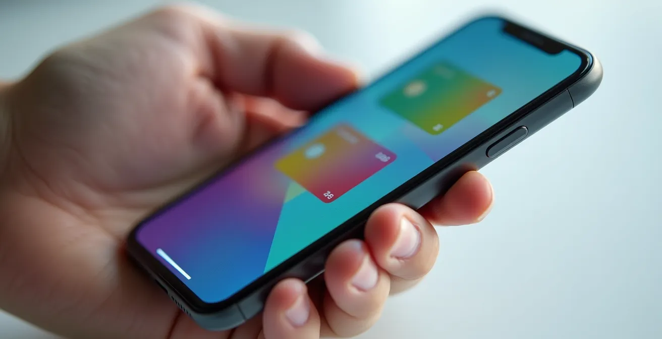 Mano che tiene smartphone con app wallet mostrando carte fedeltà digitali colorate