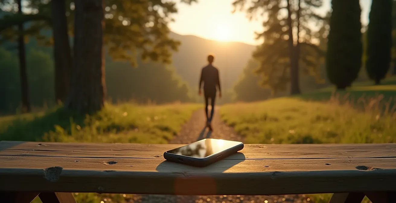 Persona che cammina nel bosco senza dispositivi elettronici