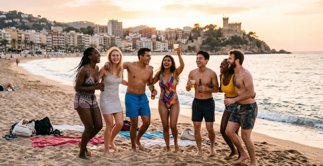 Gruppo di giovani amici che festeggiano sulla spiaggia di Lloret de Mar al tramonto