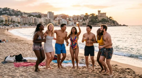 Gruppo di giovani amici che festeggiano sulla spiaggia di Lloret de Mar al tramonto