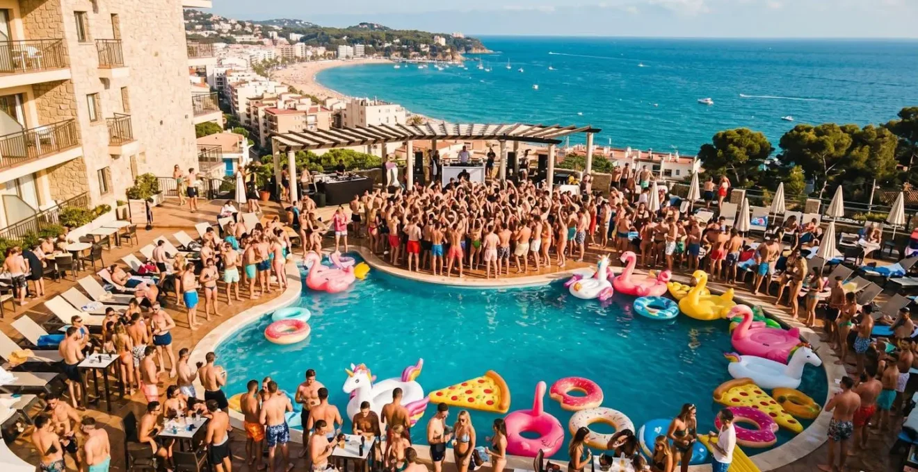 Pool party con gruppo di giovani in una piscina di un hotel a Lloret de Mar
