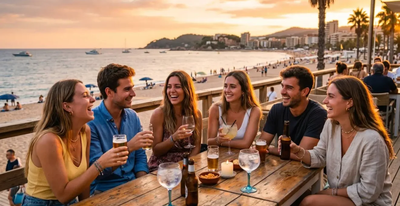 Gruppo di giovani sull'aperitivo al tramonto sul lungomare di Lloret de Mar