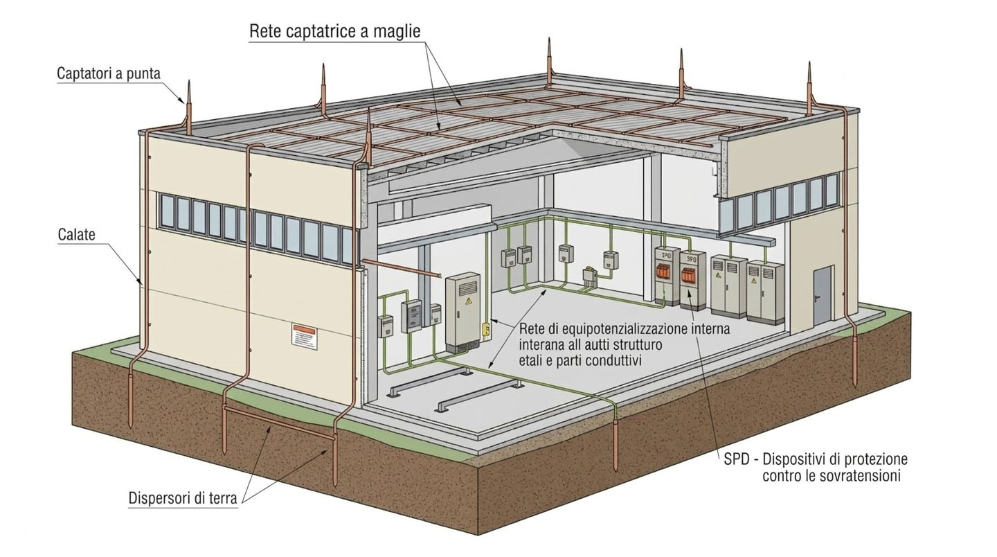 Schema sezione edificio industriale con sistema protezione fulmini completo: captatori, calate, dispersori e protezione interna SPD