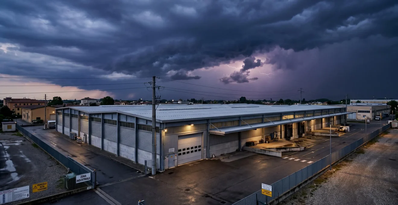 Capannone industriale con struttura metallica durante temporale serale, cielo scuro con nubi minacciose sopra zona produttiva italiana