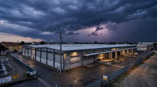 Capannone industriale con struttura metallica durante temporale serale, cielo scuro con nubi minacciose sopra zona produttiva italiana