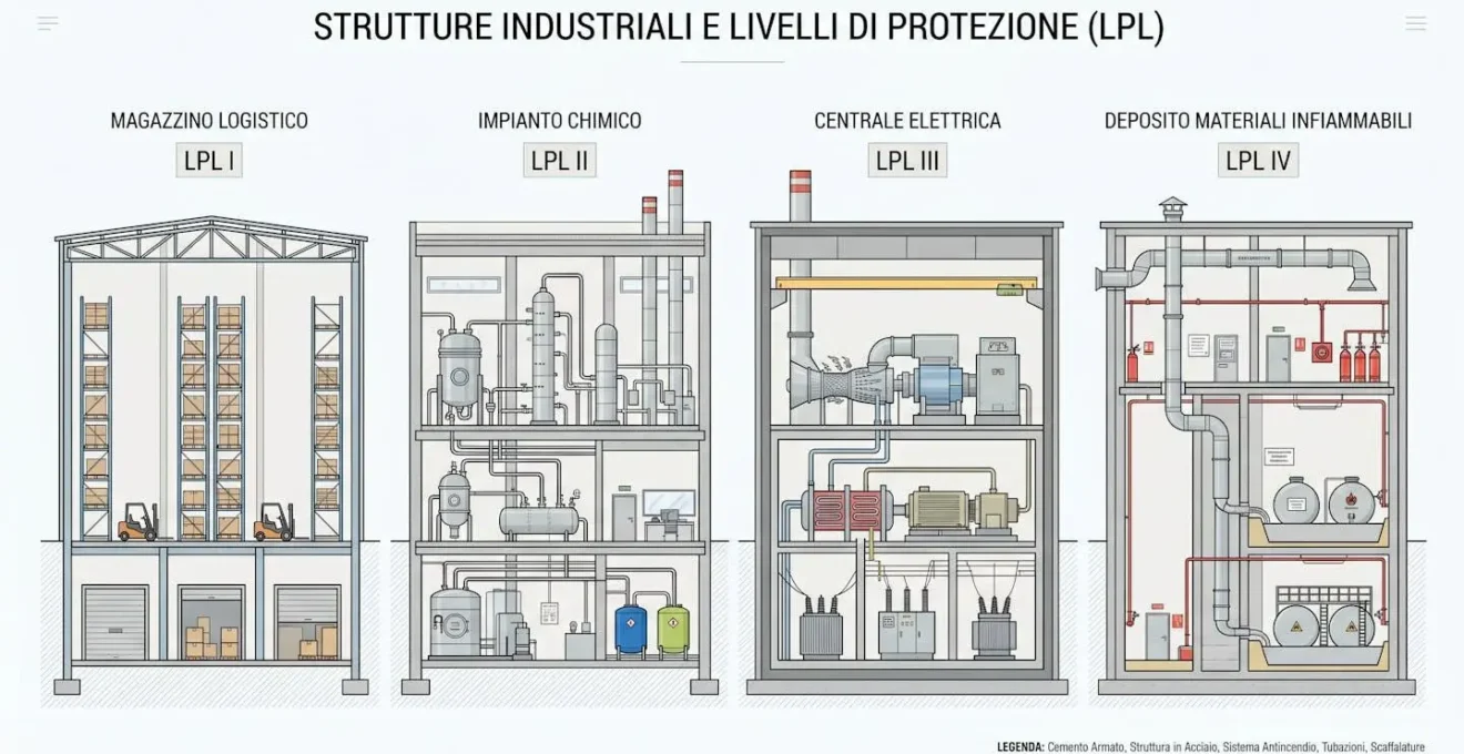Infografica livelli protezione fulmini LPL I-IV con quattro tipologie edifici industriali in ordine crescente rischio