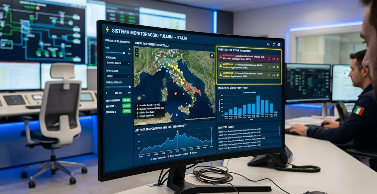 Monitor dashboard monitoraggio fulmini tempo reale con mappa Italia, punti rilevamento e allerte attive per zone industriali